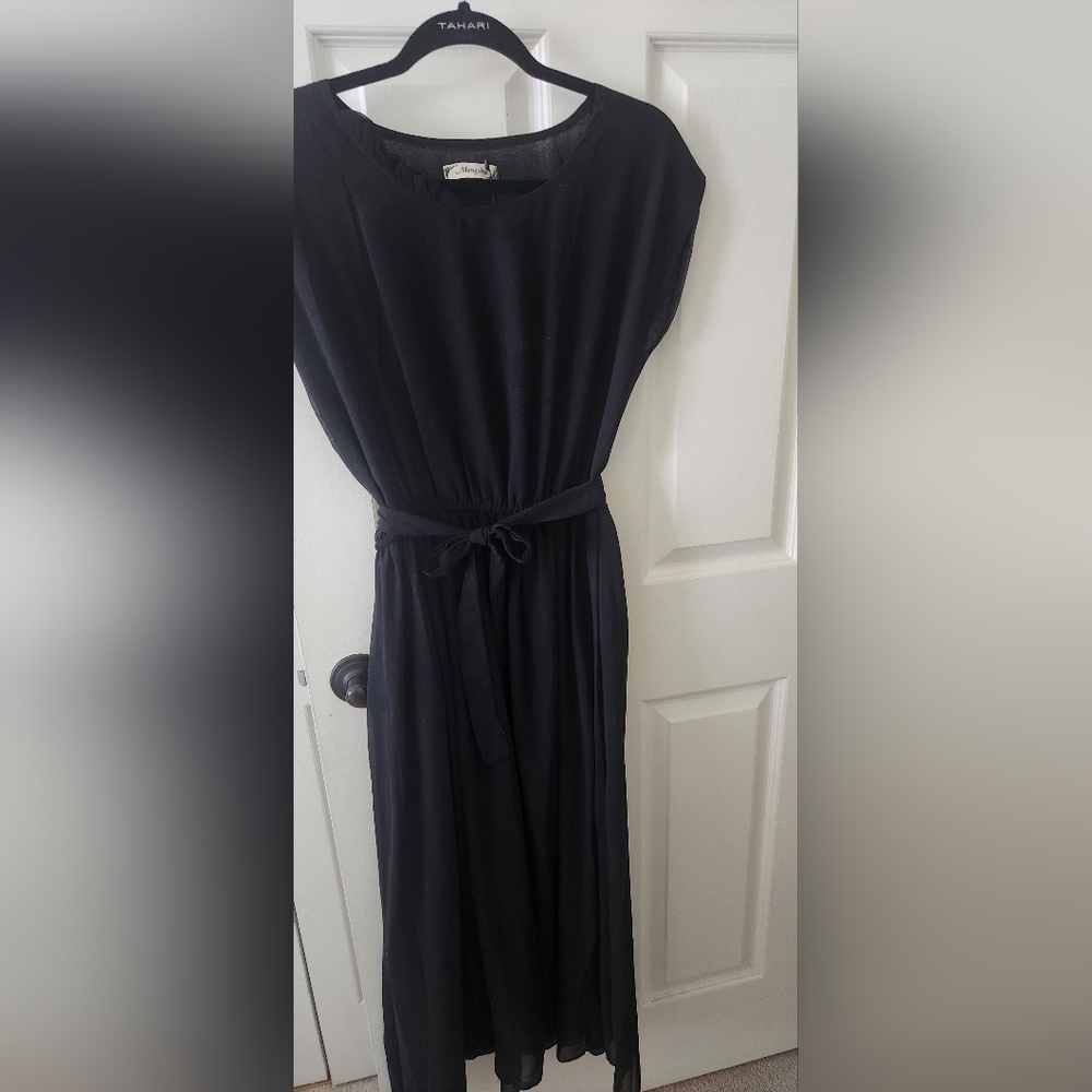NWT Solid Chiffon Cap-Sleeve Belted Black Mid- length dress - Picture 2 of 6